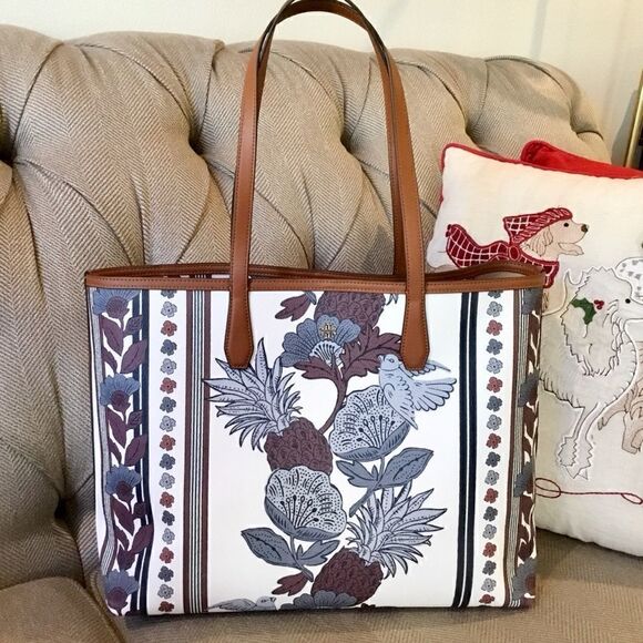 TORY BURCH FLORAL WINE PERRY LARGE TOTE LAPTOP TRAVEL HANDBAG WORK VACAT… - Picture 1 of 7